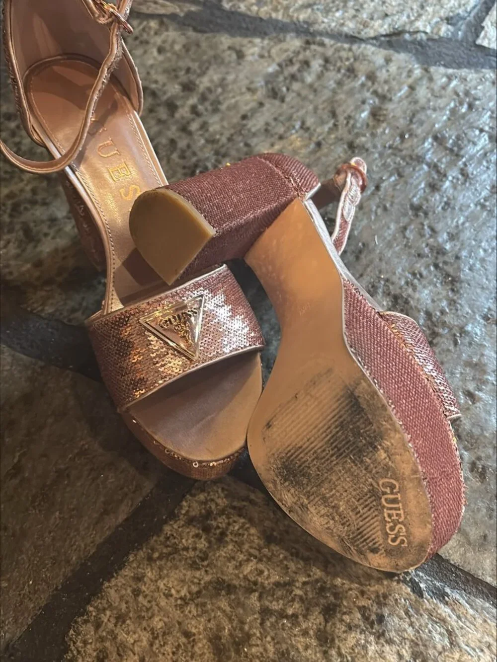 GUESS Rose Gold Sequin Platform Block Heels Size 8.5